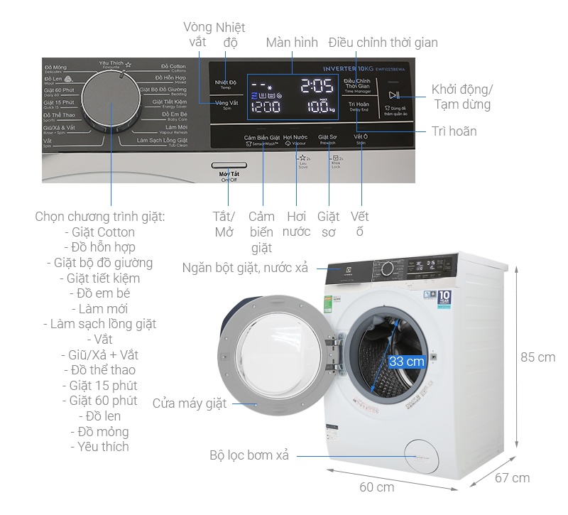 Máy giặt Electrolux 10 kg EWF1023BEWA lồng ngang
