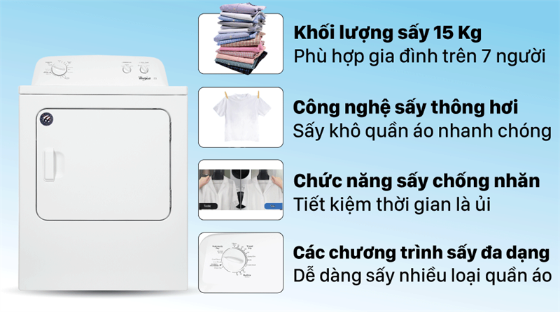 Máy Sấy Quần Áo Whirlpool 3LWED4705FW 15kg cửa trước
