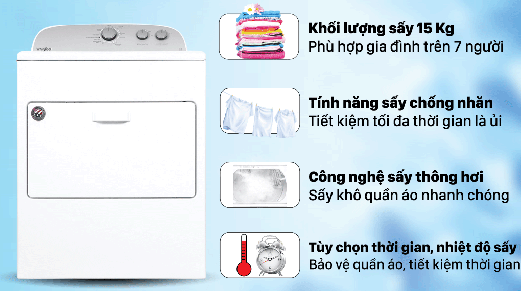 Máy Sấy Quần Áo Whirlpool 3LWED4815FW 15kg cửa trước