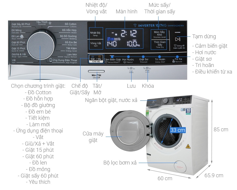 Máy Giặt Sấy Electrolux 10/7 kg Inverter EWW1042AEWA lồng ngang