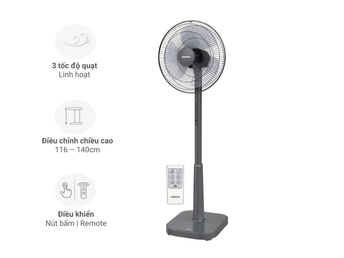 Quạt Đứng Nanoco Bạc Đạn 50W NSF1641RC-GR (Ghi Xám)