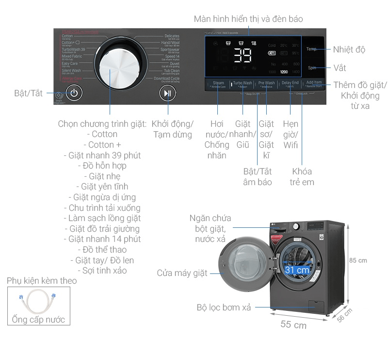 Máy giặt lồng ngang LG AI DD 10.5Kg FV1450S2B