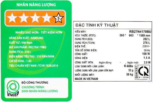 TỦ LẠNH SAMSUNG INVERTER 276 LÍT RB27N4170BU/SV