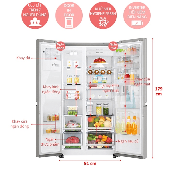 Tủ lạnh LG Inverter Side by side 602 lít GR-X247JS Instaview Door-In-Door