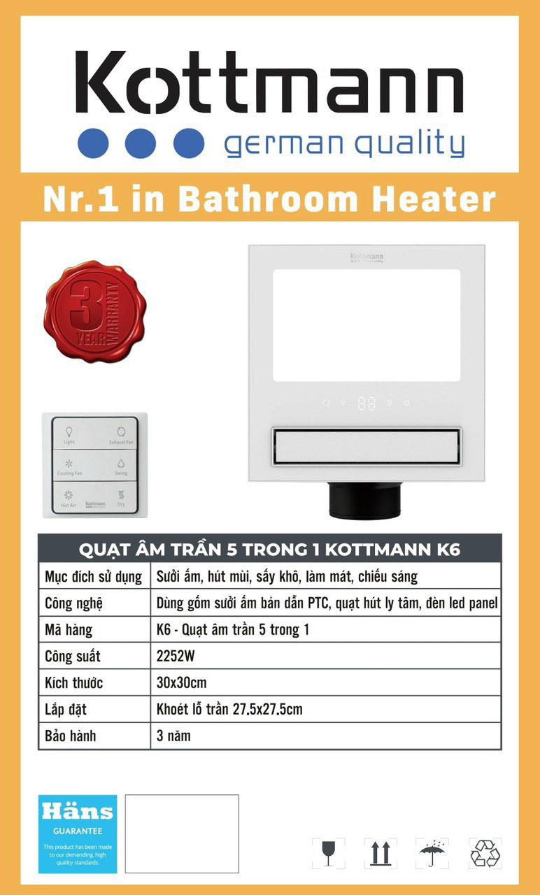 Quạt Thông Gió Kèm Sưởi Âm Trần 5 Trong 1 Kottmann K6