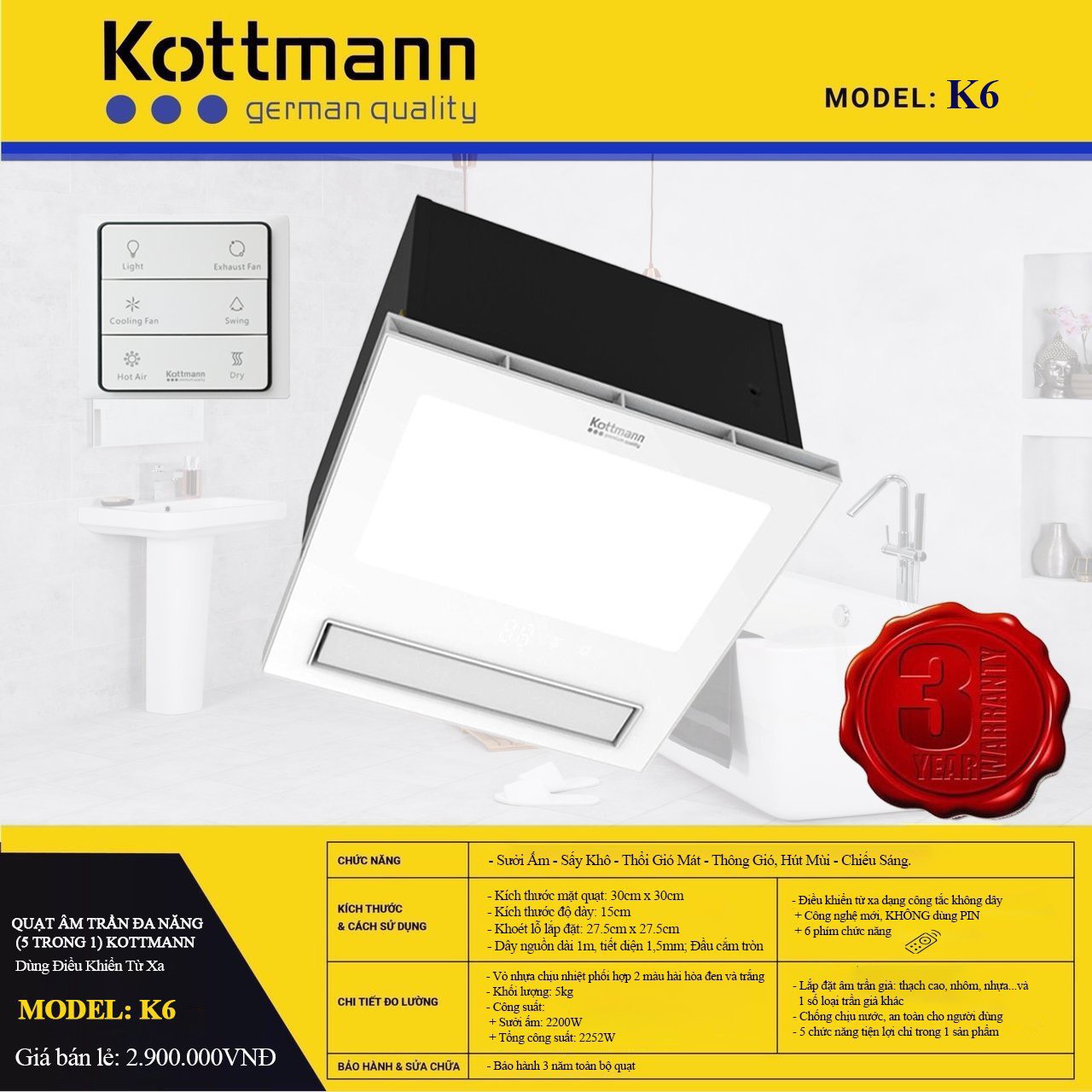Quạt Thông Gió Kèm Sưởi Âm Trần 5 Trong 1 Kottmann K6