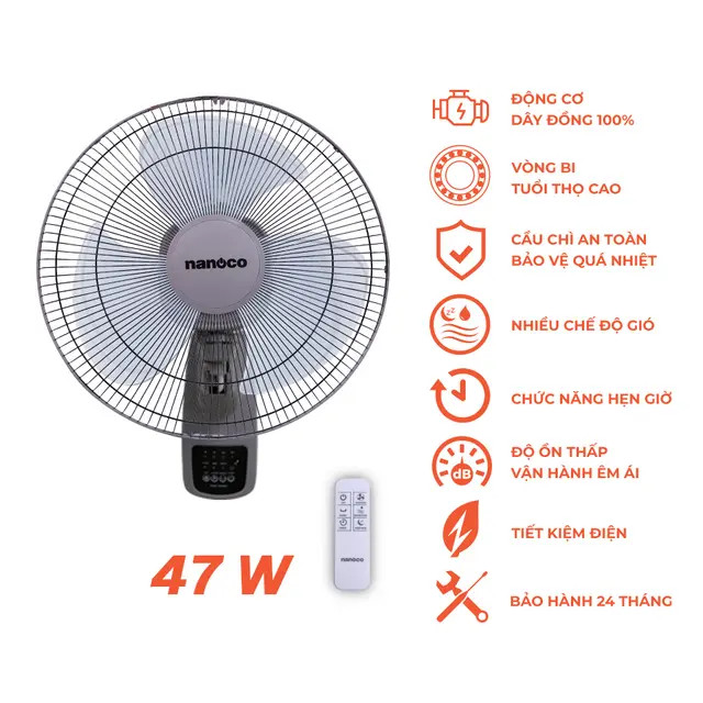 Quạt Treo tường Nanoco NWF1610RC-G ( màu xám)