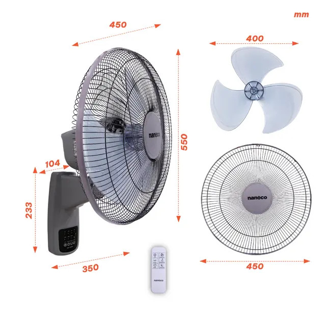 Quạt Treo tường Nanoco NWF1610RC-G ( màu xám)