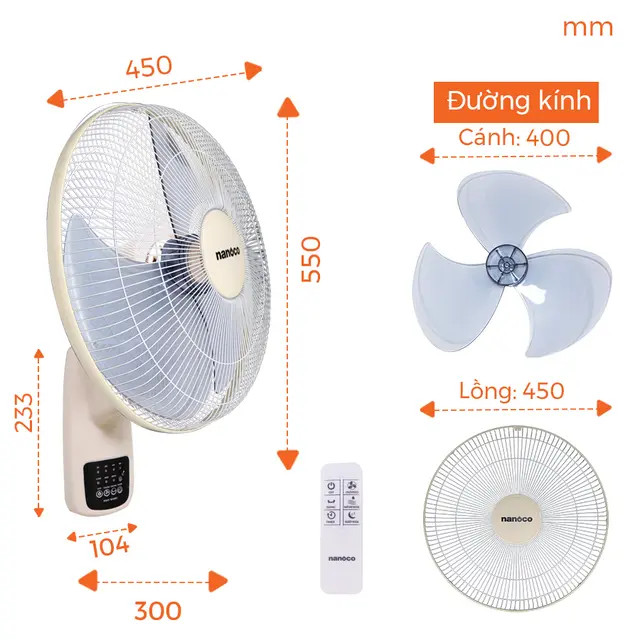 Quạt Treo tường Nanoco NWF1610RC-BE ( màu beige)