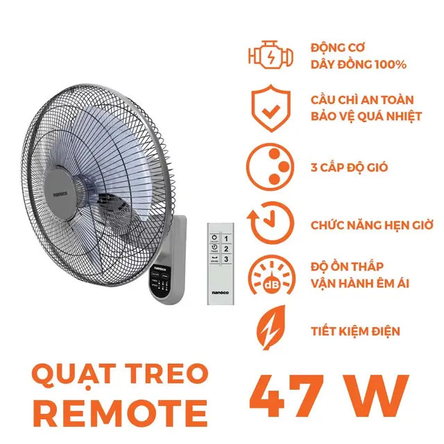 Quạt Treo tường Nanoco NWF1612RC-G( màu xám)