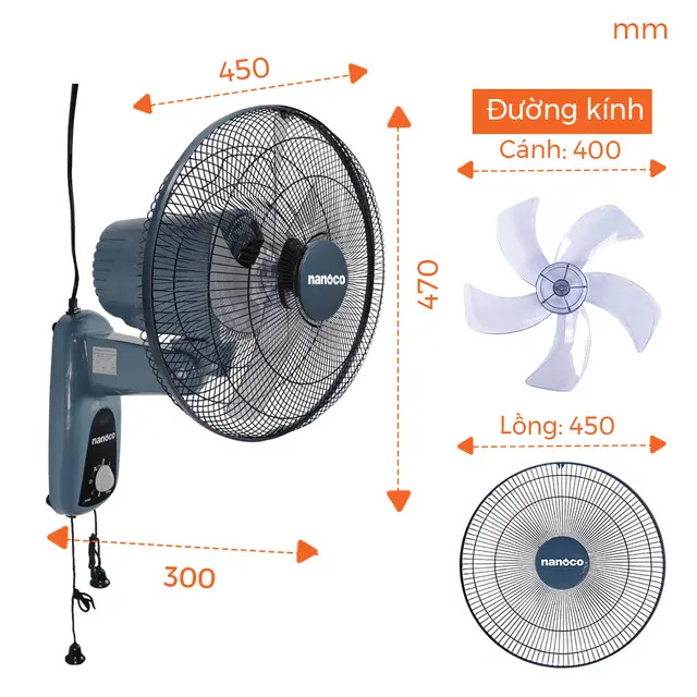 Quạt Treo Tường Nanoco NWF1604BL ( màu xanh)