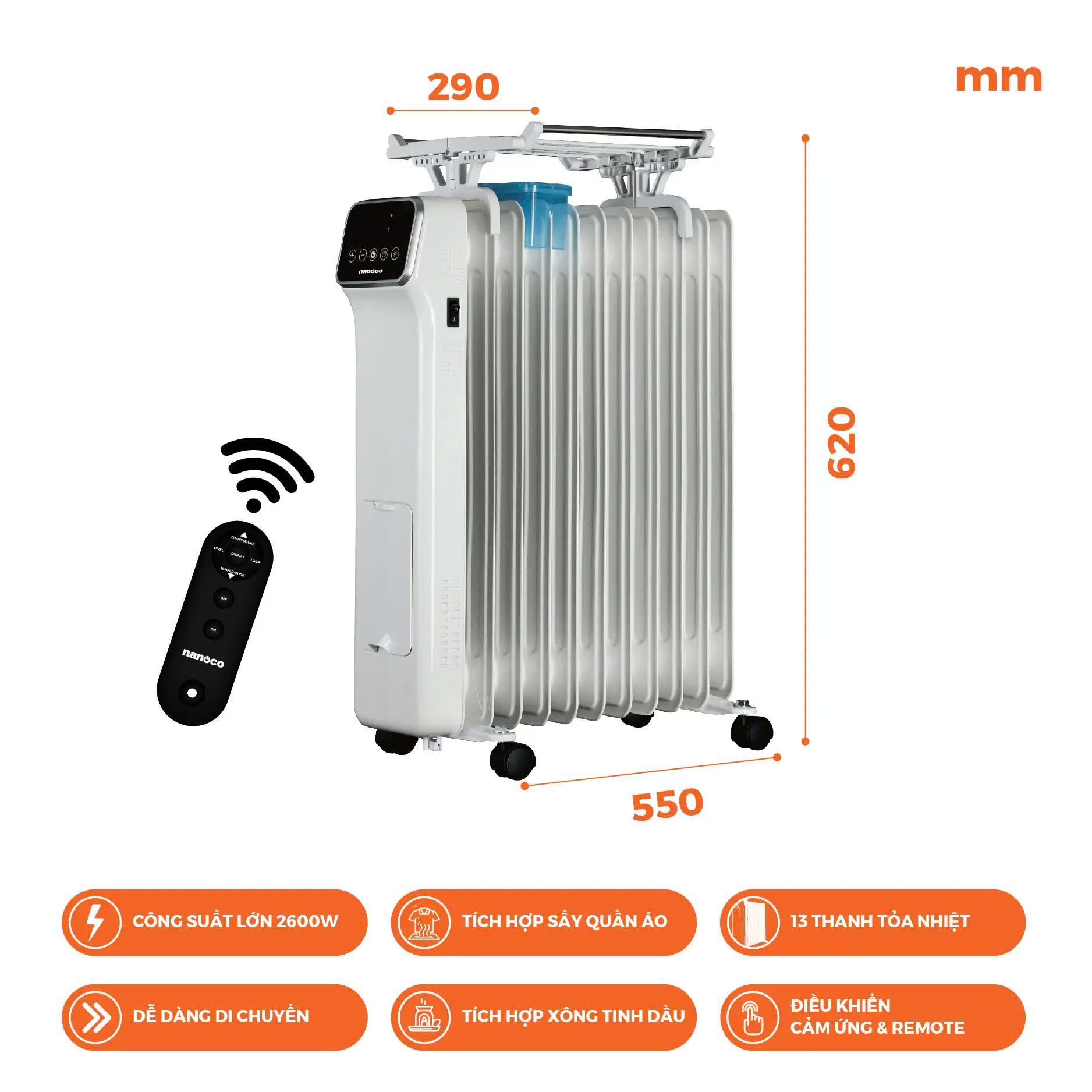 Máy Sưởi Dầu Nanoco 2600W Có remote NOH2614RC