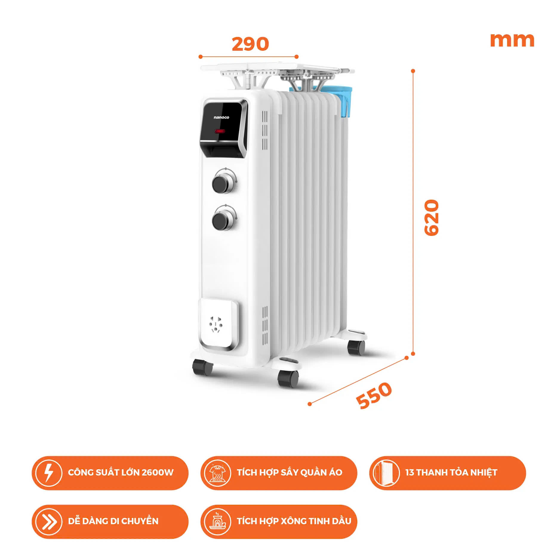 Máy Sưởi Dầu Nanoco 2600W NOH2613