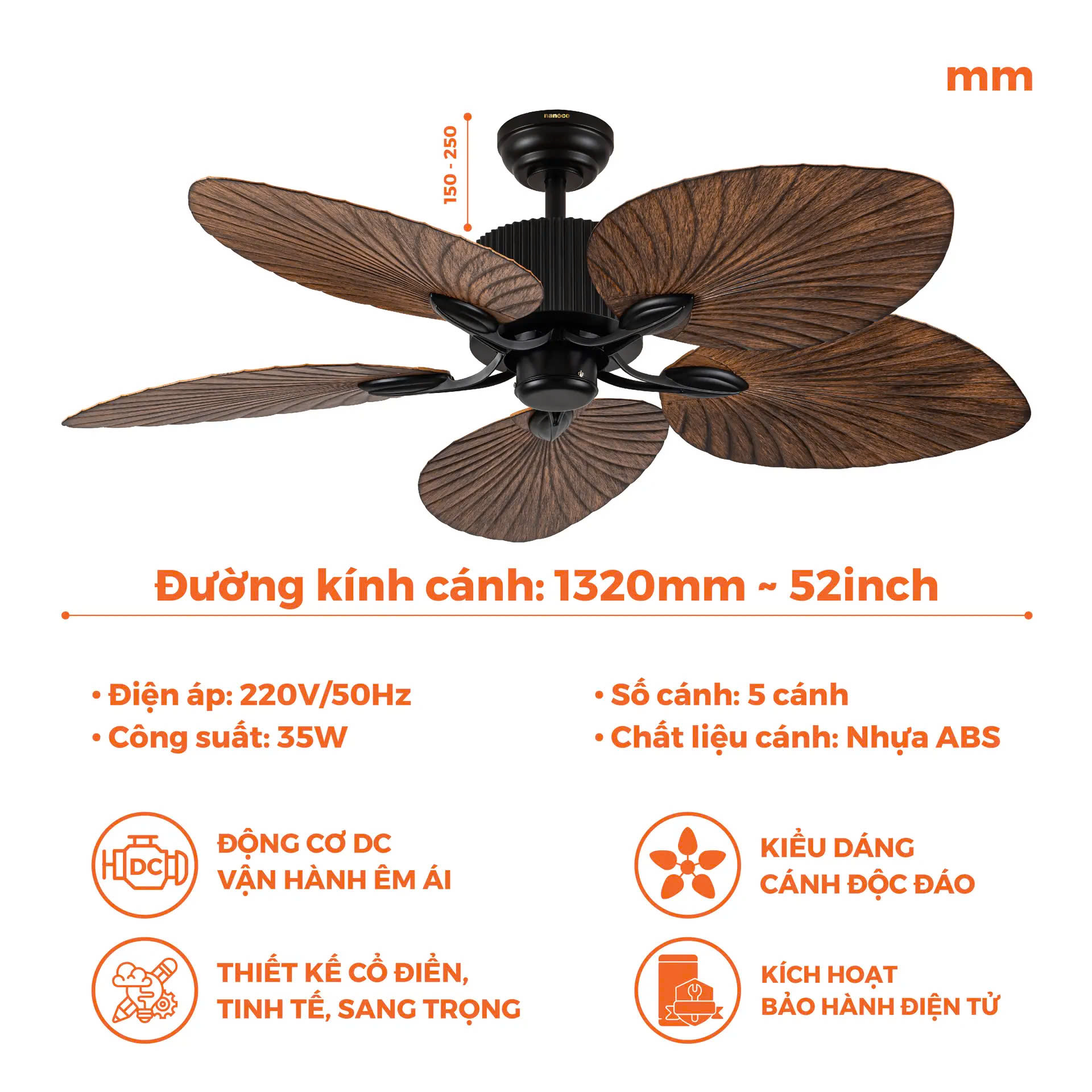 Quạt Trần Nanoco Trang Trí 5 Cánh động cơ DC NCFD5251