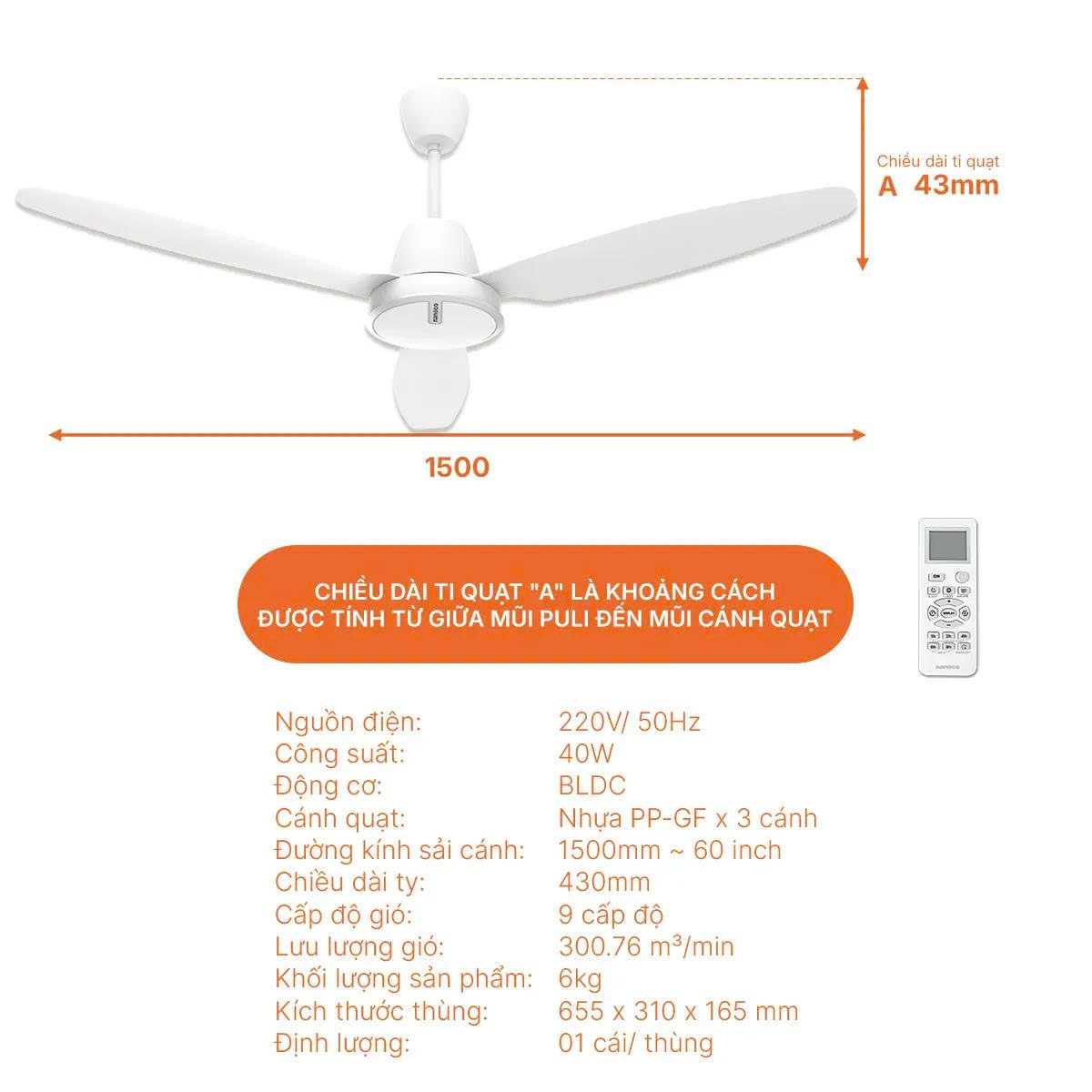 Quạt Trần 3 Cánh Nanoco Động Cơ BLDC NCF6031-W