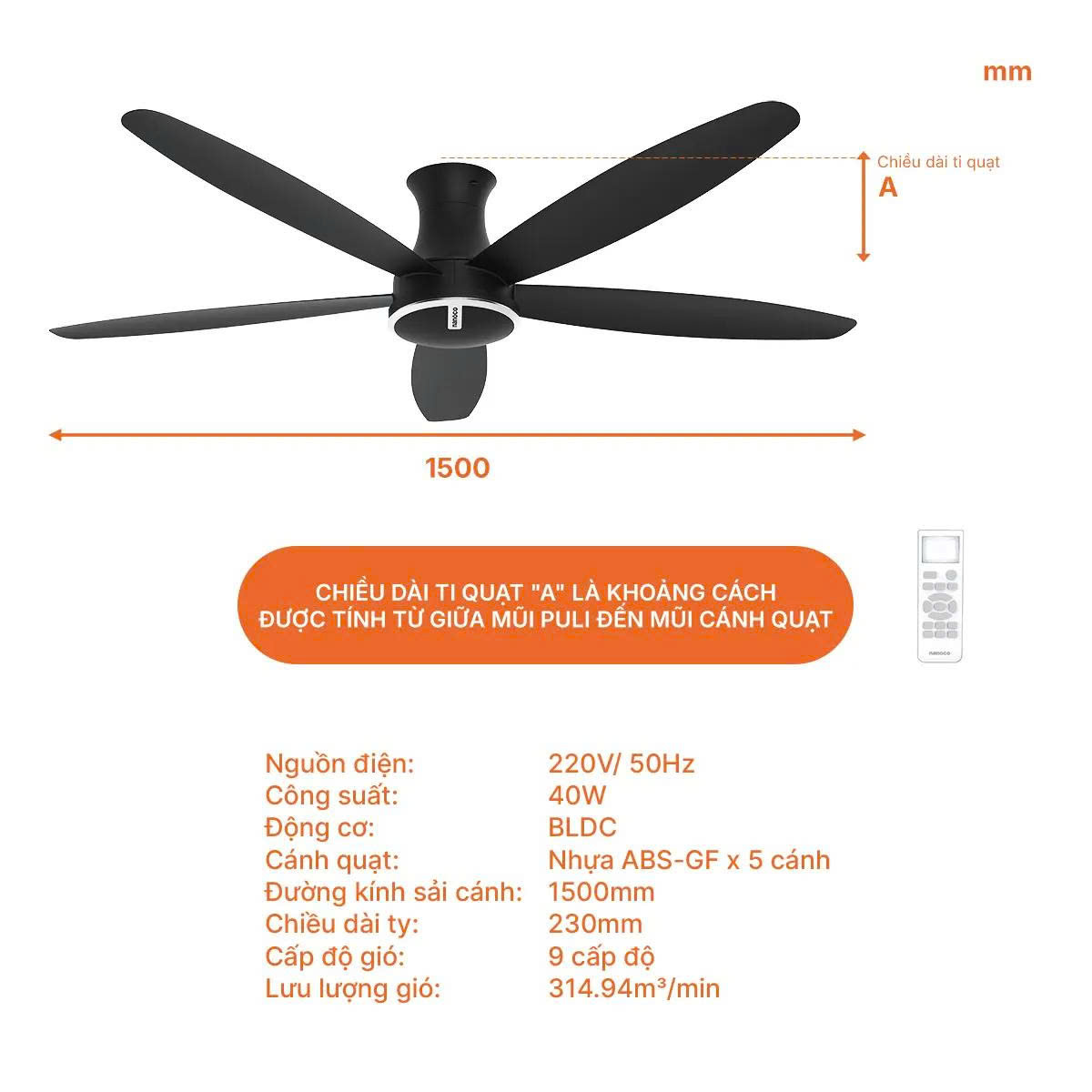 Quạt Trần 5 Cánh Nanoco NCF6051-KS Động Cơ BLCD