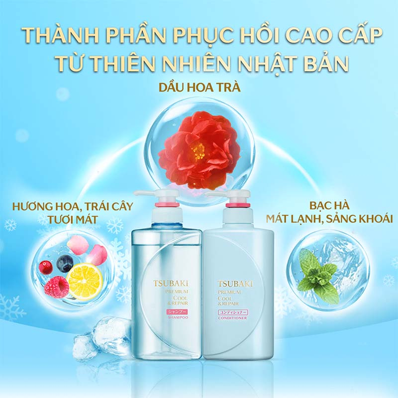 Bộ Gội Xả Sạch Dầu Mát Lạnh Tsubaki Premium Cool (Set 490ml x 2)