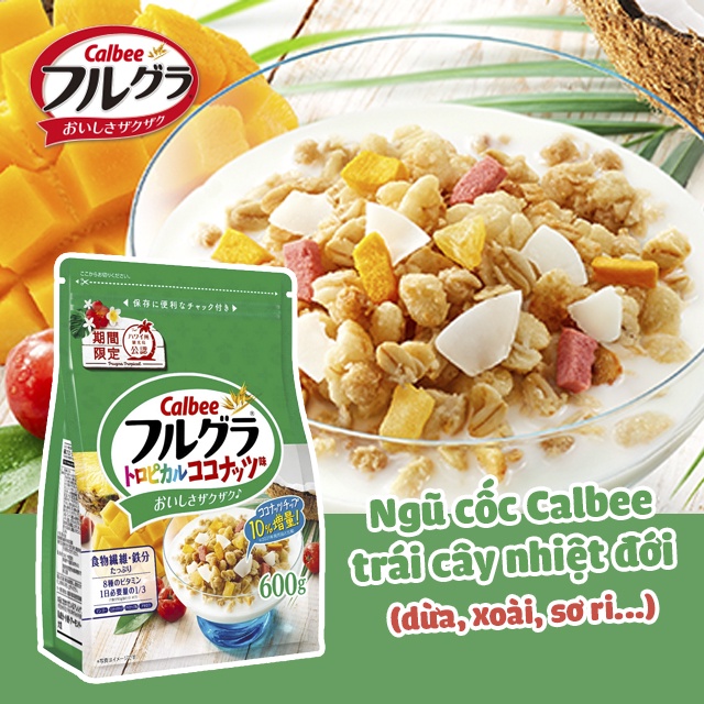 Ngũ cốc dinh dưỡng Calbee Frugra vị dừa, xoài, dứa không đường  - Hàng Nhật nội địa