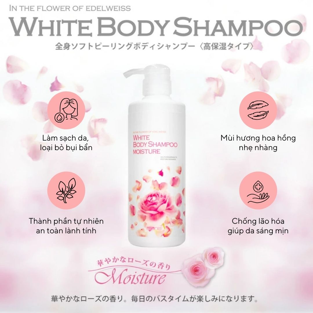 Sữa tắm trắng da Manis White Body Shampoo hương hoa hồng 450ml - Hàng Nhật nội địa