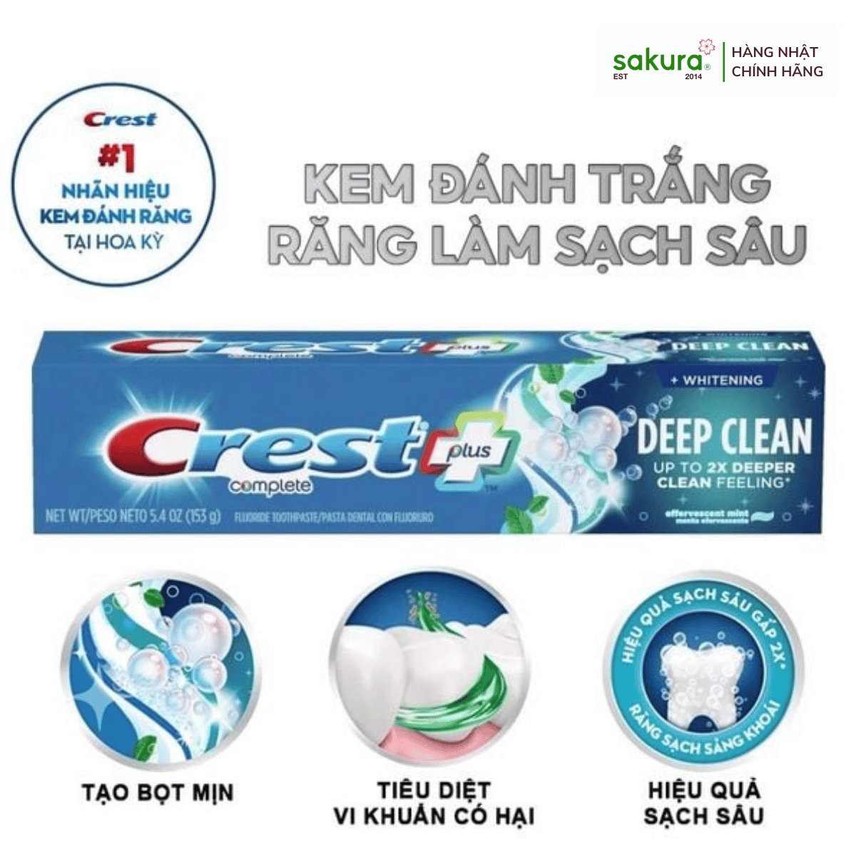 Kem Đánh Răng Crest Làm Sáng, Tác Động Sạch Sâu 153g - Hàng Nhật nội địa
