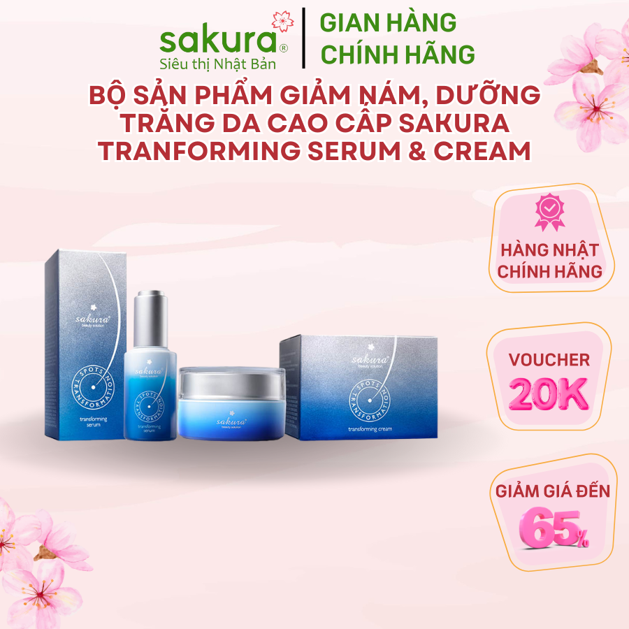 Bộ sản phẩm giảm nám, dưỡng trắng da cao cấp Sakura Tranforming Serum & Cream - Hàng Nhật nội địa