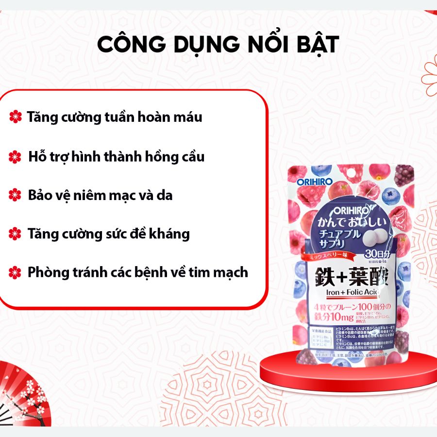 Viên uống bổ sung chất sắt và acid folic Orihiro 120 viên Vị mâm xôi việt quất- Hàng Nhật nội địa