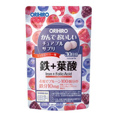 Viên uống bổ sung chất sắt và acid folic Orihiro 120 viên Vị mâm xôi việt quất- Hàng Nhật nội địa