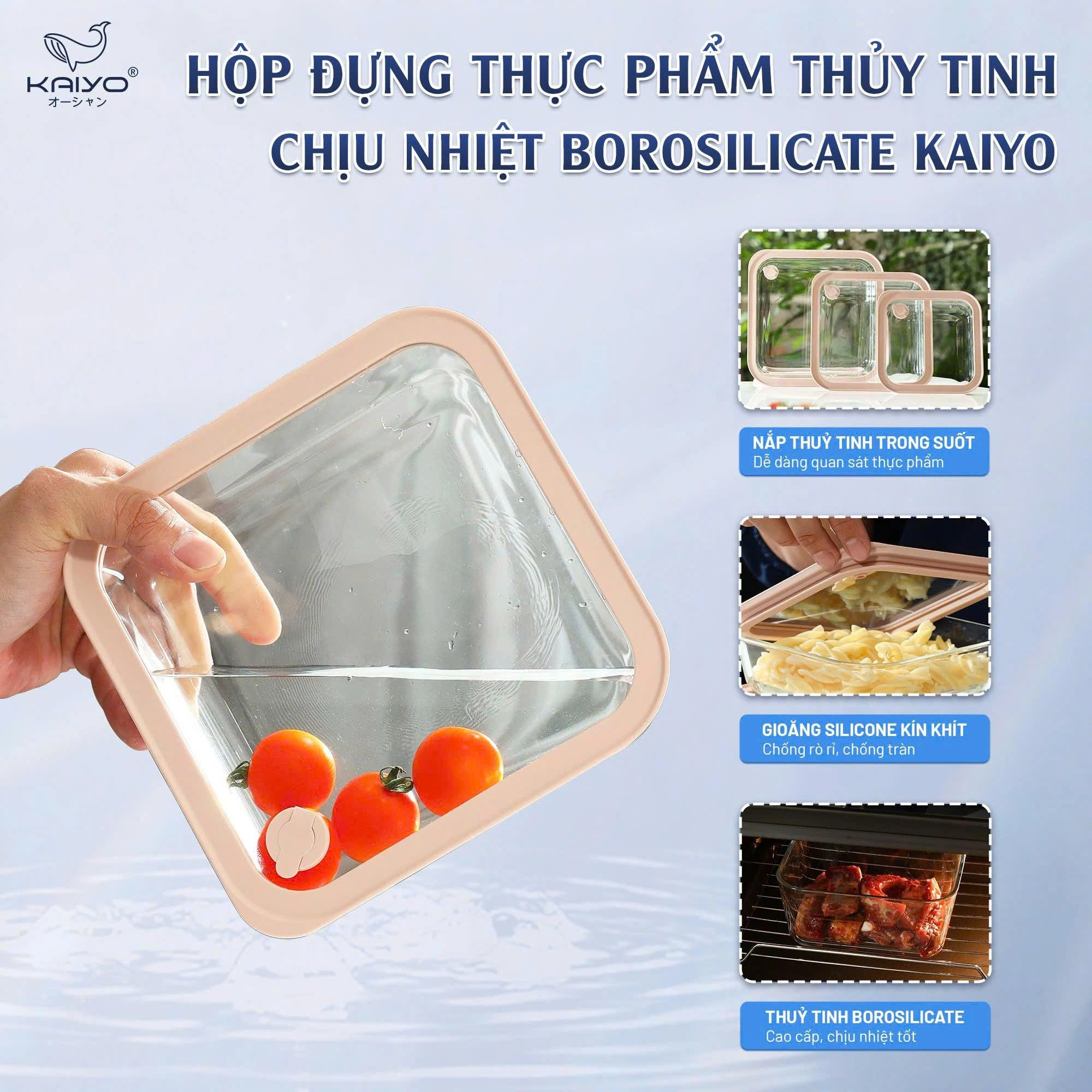 Hộp đựng thực phẩm thuỷ tinh chịu nhiệt borosilicate hình chữ nhật dáng sâu Kaiyo 1380ml - Hàng Nhật nội địa