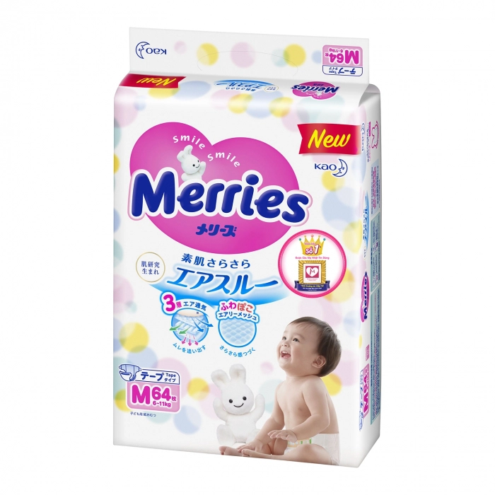 Bỉm dán Merries size M 64+4 miếng cho bé từ 6-11kg - Hàng Nhật nội địa