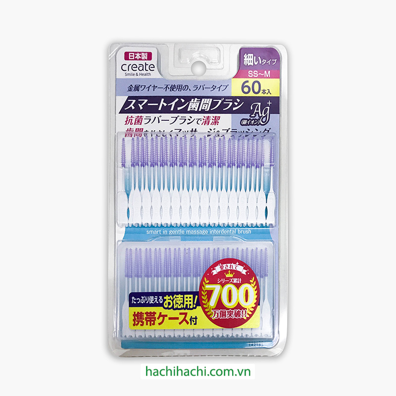 Tăm silicon mềm kháng khuẩn CREATE Ag+ xỉa kẽ răng 60 chiếc size SS-M - Hàng Nhật nội địa