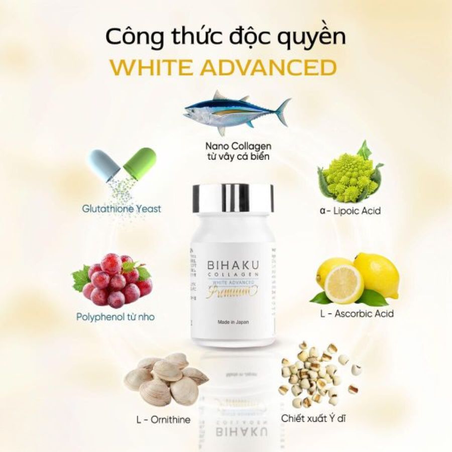 Viên Uống Trắng Da Bihaku Glutathione Collagen Premium 30 Viên - Hàng Nhật nội địa