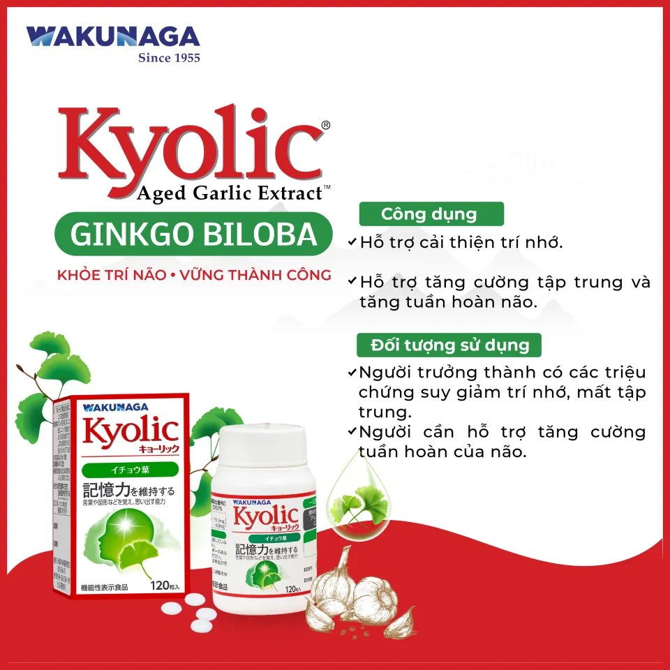 Viên uống bổ não Kyolic Ginkgo Biloba chứa tinh chất tỏi 120 viên Nhật Bản - Hàng Nhật nội địa