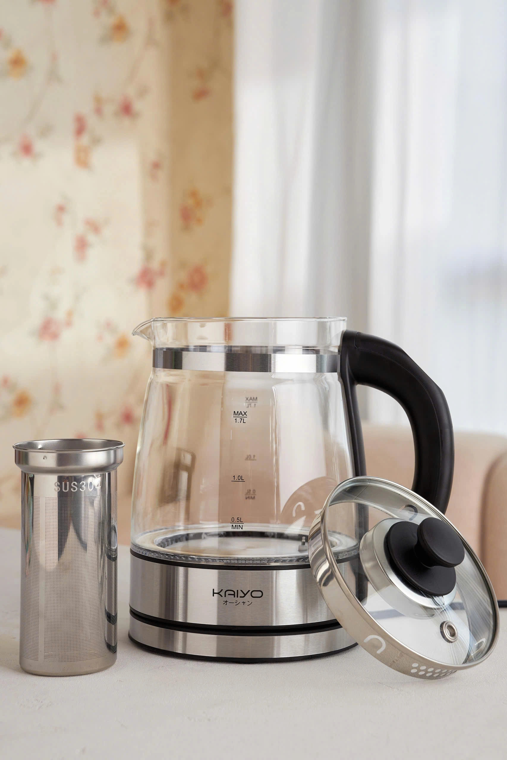 Ấm siêu tốc thuỷ tinh kèm lõi lọc trà Kaiyo 1,7L, model KEK-062 - Hàng Nhật nội địa
