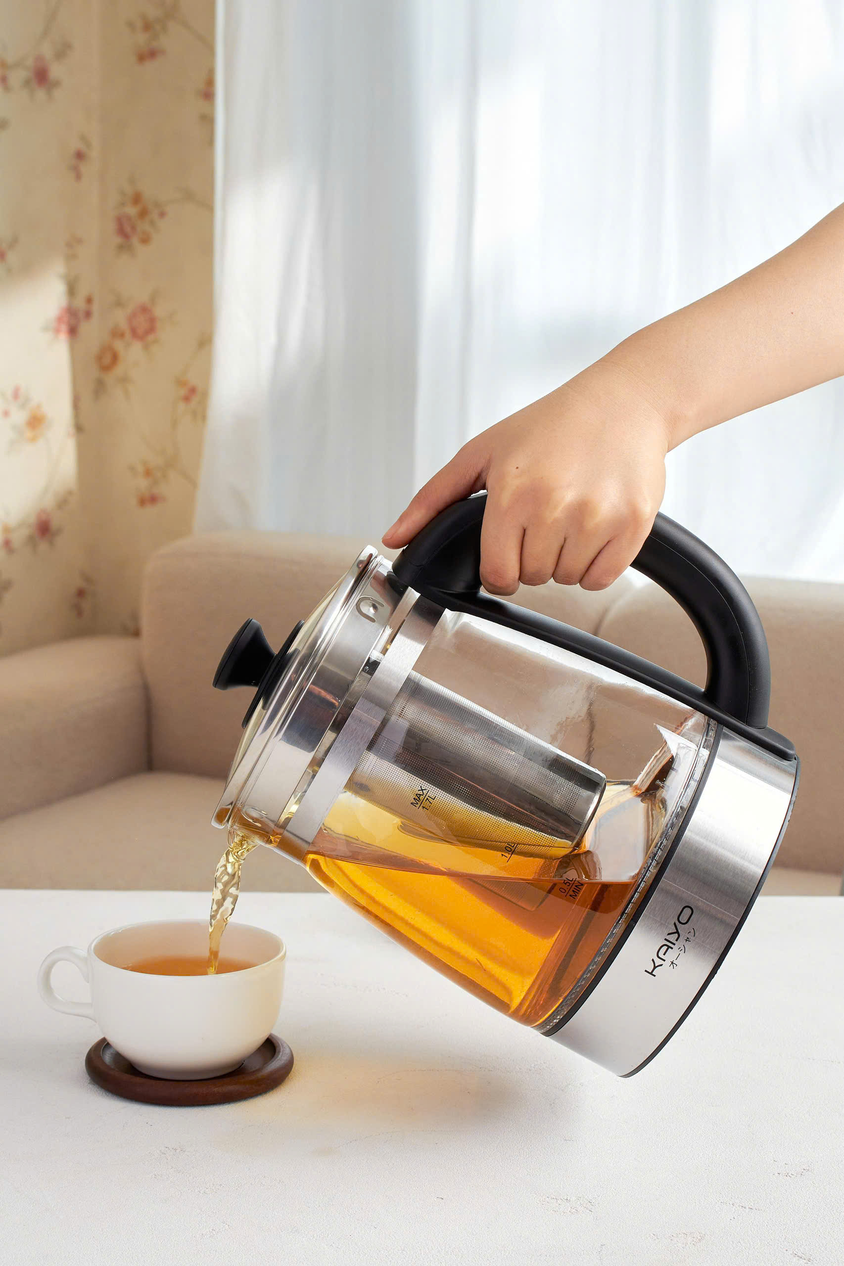 Ấm siêu tốc thuỷ tinh kèm lõi lọc trà Kaiyo 1,7L, model KEK-062 - Hàng Nhật nội địa