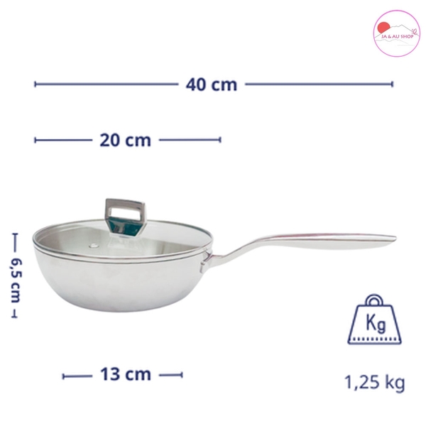 Chảo inox 316 liền khối5-ply Premium Kaiyo - sâu lòng có vung kính 20cm - Hàng Nhật nội địa