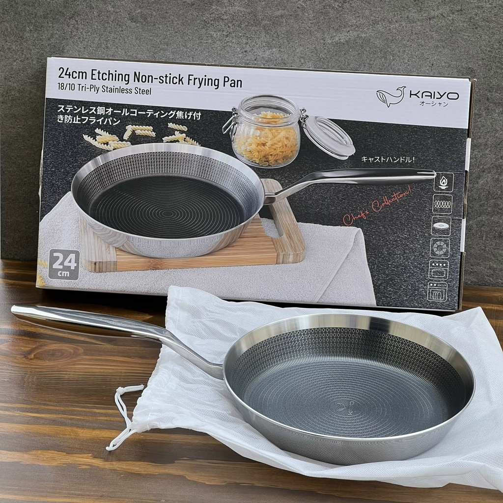 Chảo inox chống dính hoa văn nổi Tri-Ply đáy liền Kaiyo, size 24m - Hàng Nhật nội địa