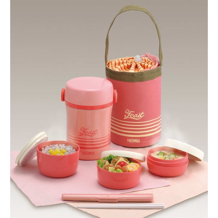 Hộp cơm giữ nhiệt Thermos JBG-801 (hộp 1,3l có túi xách) màu hồng - Hàng Nhật nội địa