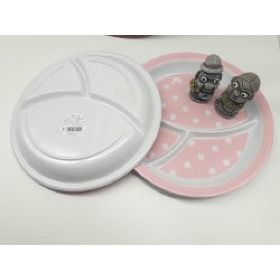 Khay ăn chia 3 ngăn cho bé họa tiết chấm bi, dáng tròn màu hồng nhạt - Hàng Nhật nội địa