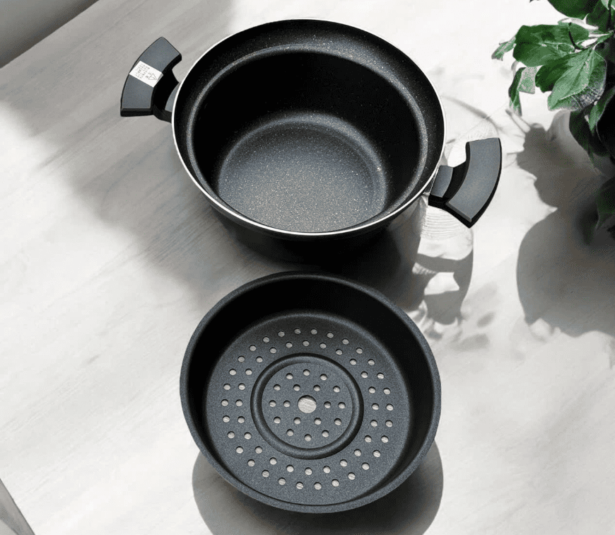 Nồi nhôm đúc chống dính hoa cương kèm khay hấp Tamahashi 24cm - Hàng Nhật nội địa