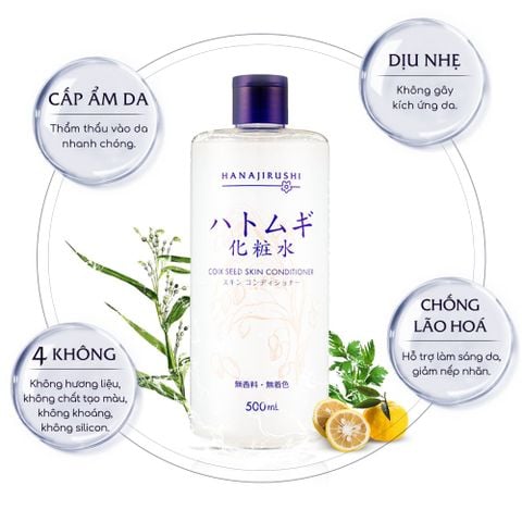 Nước hoa hồng cấp ẩm, trắng da Hanajirushi Coix Seed Skin Conditioner 500ml - Hàng Nhật nội địa