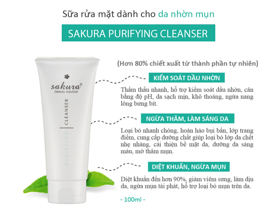 Sữa rửa mặt dành cho da dầu, mụn Sakura Purifying Cleanser 100ml