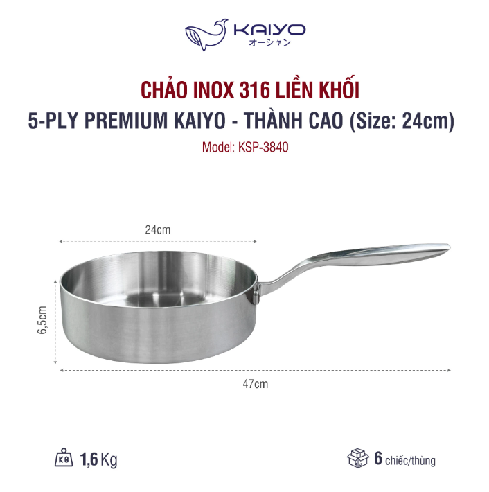 Chảo inox 316 liền khối 5-ply Premium Kaiyo - thành cao size 24cm - Hàng Nhật nội địa