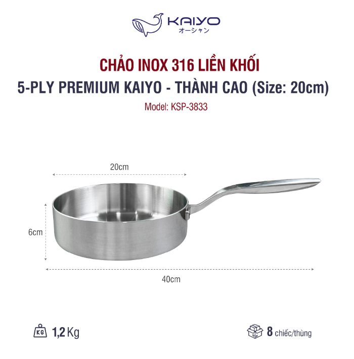 Chảo inox 316 liền khối 5-ply Premium Kaiyo - thành cao, size 20cm - Hàng Nhật nội địa