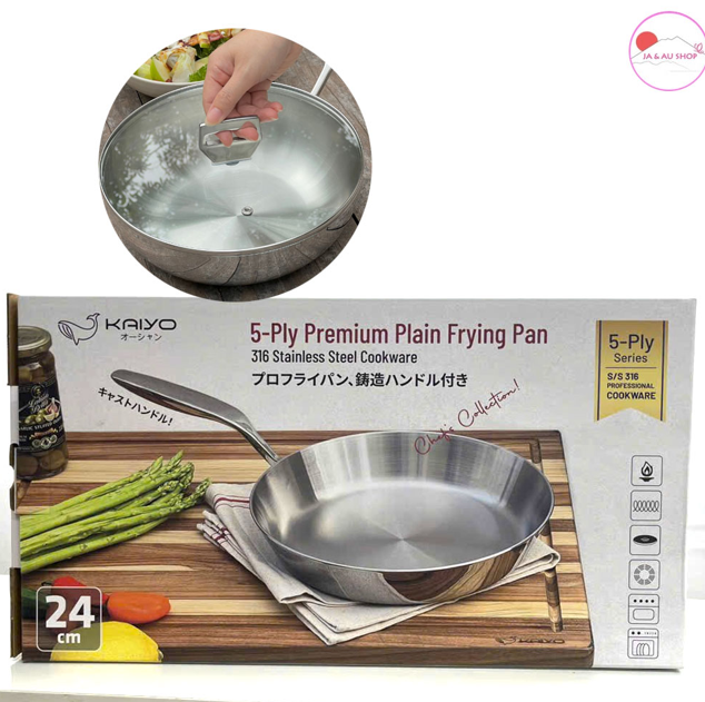 Chảo inox 316 liền khối 5-ply Premium Kaiyo - sâu lòng có vung kính 24cm - Hàng Nhật nội địa