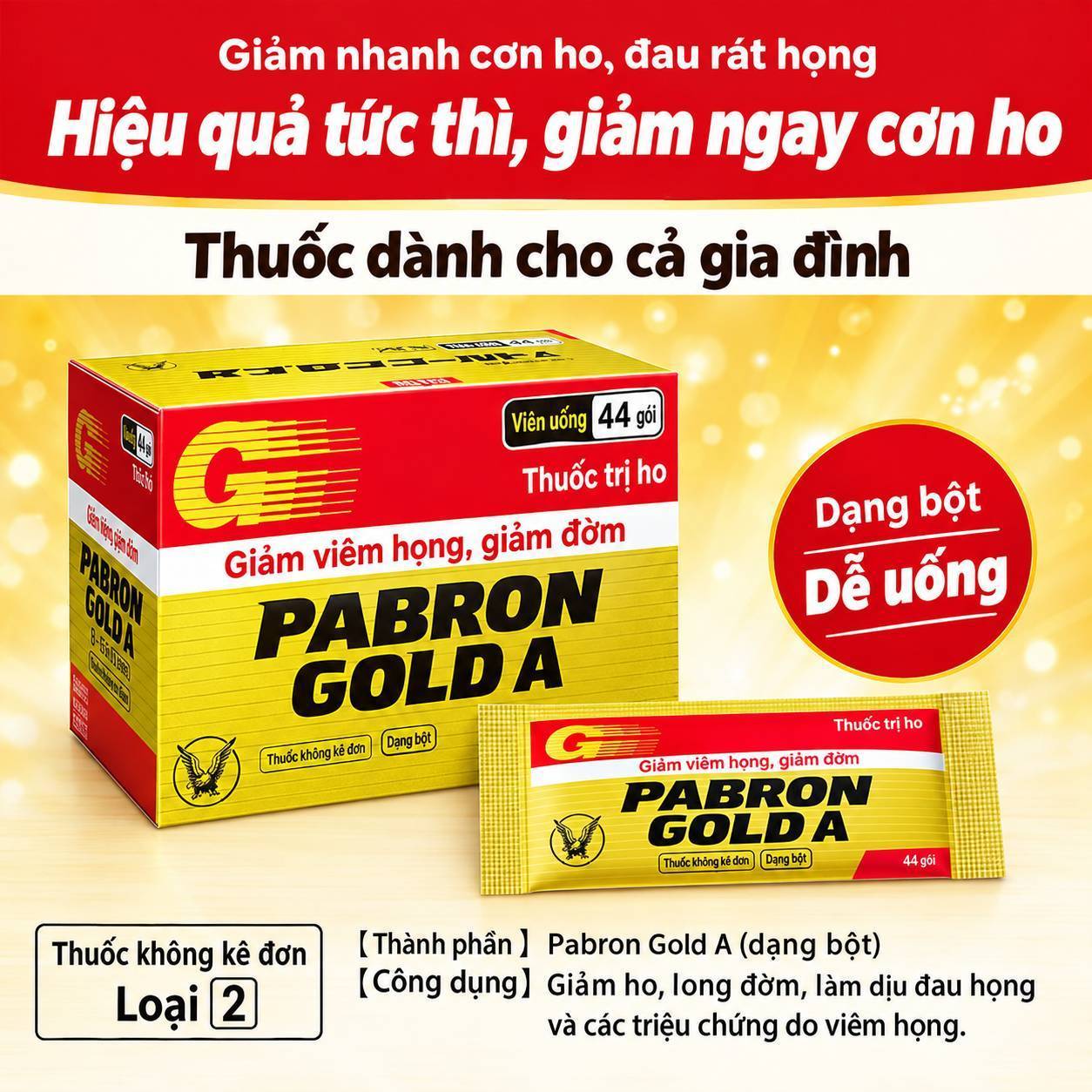 Bột hỗ trợ giảm triệu chứng cảm Taisho Pabron Gold hộp 44 gói, dùng từ 12 tuổi - Hàng Nhật chính hãng
