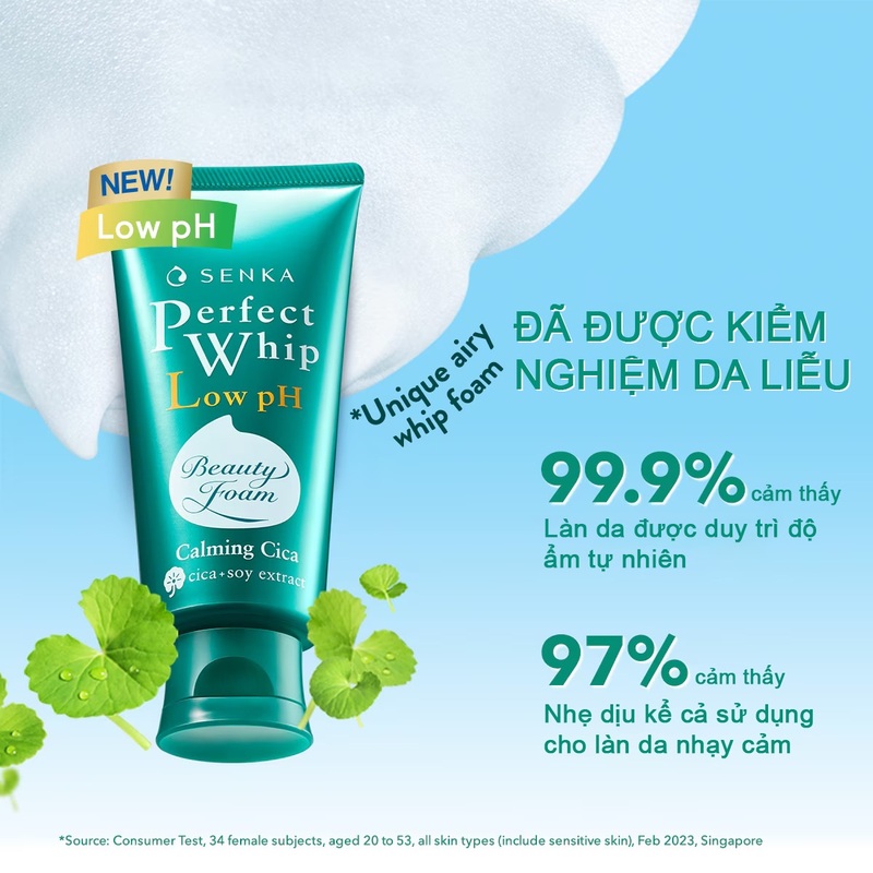Sữa Rửa Mặt Senka Tạo Bọt Chiết Xuất Rau Má Dịu Nhẹ 100g Perfect Whip Low Ph Calming Cica- Hàng Nhật nội địa