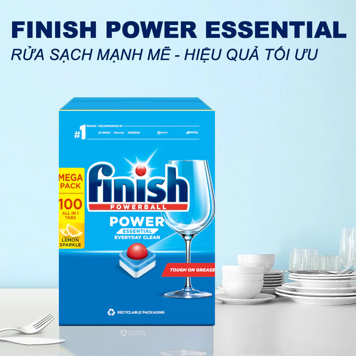Hộp 100 viên rửa chén bát Finish Power Essential All in One (hương chanh)