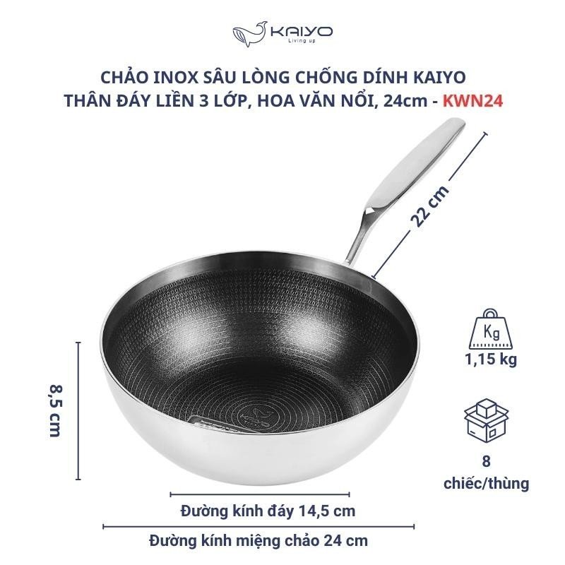 Chảo inox chống dính hoa văn nổi Tri-Ply đáy liền sâu lòng Kaiyo, size 20m - Hàng Nhật nội địa