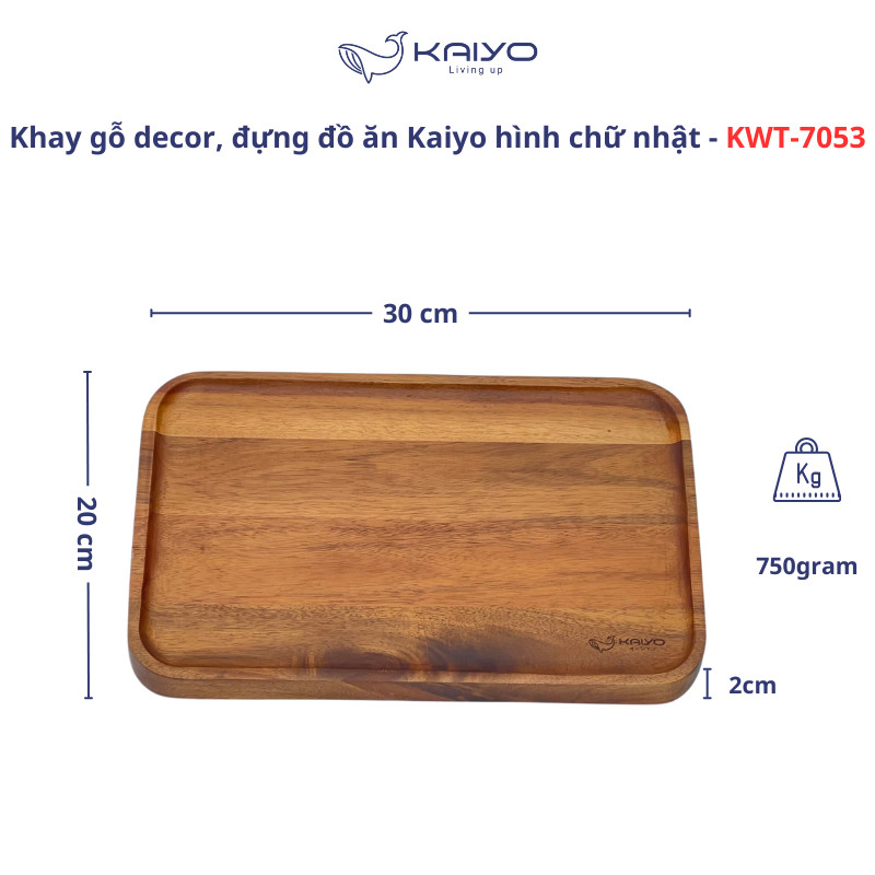 Khay gỗ Kaiyo hình chữ nhật, kích thước 30x20x2cm - Hàng Nhật nội địa