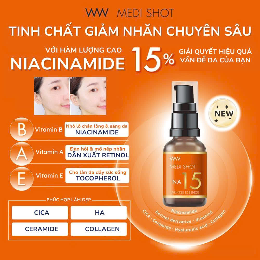 Tinh Chất Niacinamide 15% Giảm Nhăn Chuyên Sâu Meishoku Medi Shot Na15 30ml - Hàng Nhật nội địa